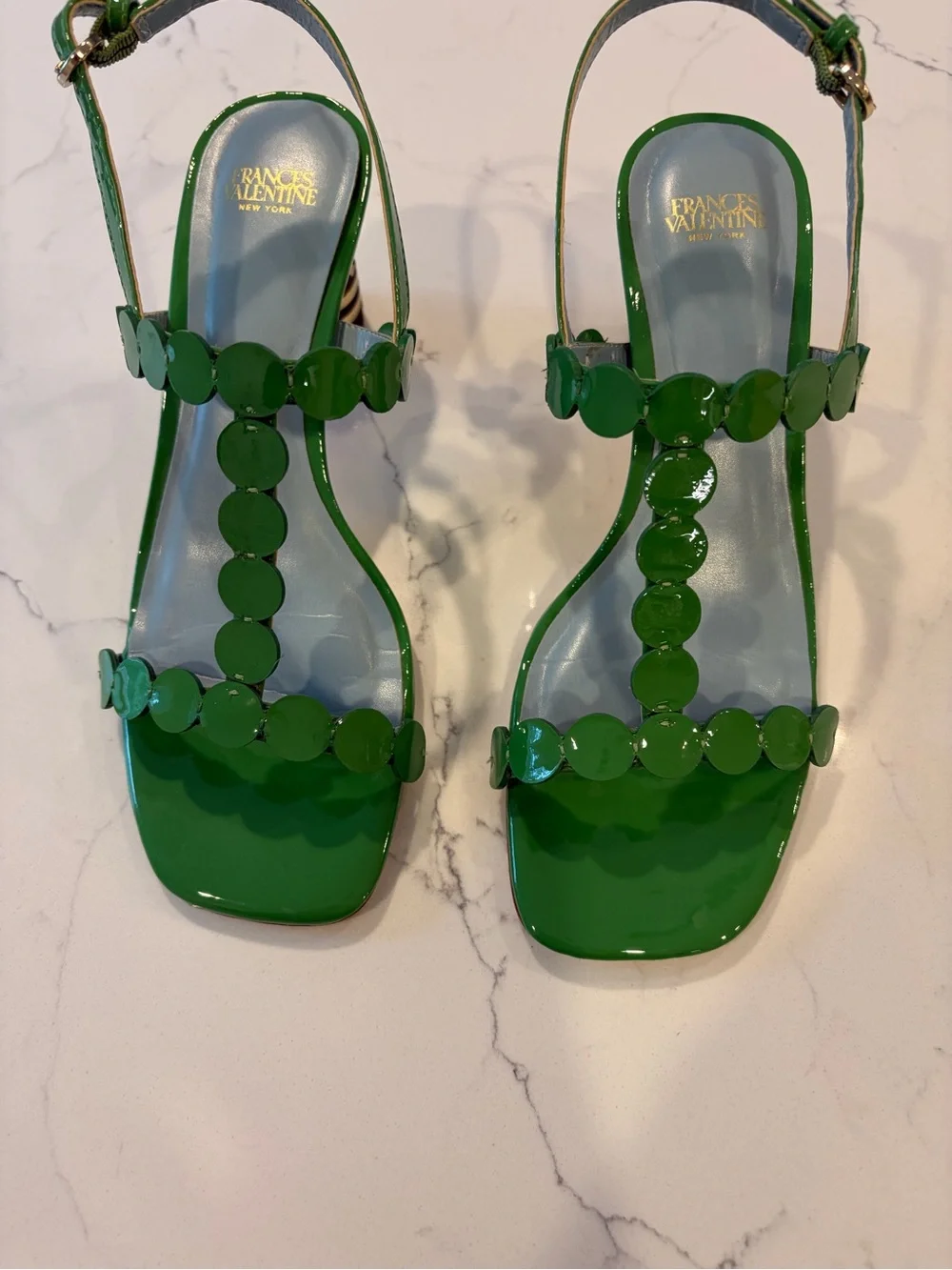 Frances Valentine Glossy Emerald Green T-Strap Sandals